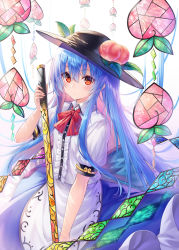 Rule 34 | 1girl, arm up, black hat, blouse, blue hair, blue skirt, blurry, blurry background, bow, bowtie, chabaneko, commentary request, cowboy shot, decorations, depth of field, expressionless, food, fruit, hair between eyes, hat, highres, hinanawi tenshi, holding, holding sword, holding weapon, leaf, long hair, looking at viewer, peach, red bow, red bowtie, red eyes, shirt, short sleeves, sidelocks, simple background, sitting, skirt, solo, stained glass, sword, sword of hisou, touhou, very long hair, weapon, white background, white shirt