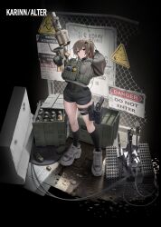 Rule 34 | 1girl, 1st cavalry division, 1st infantry division (us army), absurdres, anti-materiel cartridge, black shorts, black socks, black undershirt, breasts, brown eyes, brown hair, c4, chain-link fence, character name, claymore (mine), closed mouth, commentary, concrete, covered navel, crate, english commentary, english text, explosive, fence, fragmentation grenade, from above, gloves, grenade, grenade cartridge, grenade launcher, grey hoodie, gun, hand grenade, handgun, hands up, highres, holding, holding weapon, holster, hood, hoodie, karinn (ka941), large-caliber cartridge, large breasts, less-than-lethal weapon, looking at viewer, m1911, milkor mgl, mine (weapon), multiple hairpins, nine (kanine41), original, pistol, bulletproof vest, ponytail, revolver grenade launcher, robot, shell casing, shoes, shorts, sidelocks, sign, smoke grenade, socks, solo, thigh holster, trigger discipline, vertical foregrip, weapon, white footwear