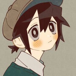 Rule 34 | 1girl, :|, amelia lee, black eyes, black hair, blush, brown hat, cabbie hat, cardigan, close-up, closed mouth, collared shirt, dot nose, from side, green cardigan, grey background, hair between eyes, hat, highres, i love amy, looking at viewer, low ponytail, portrait, shirt, short ponytail, simple background, solo, unn1666, white shirt