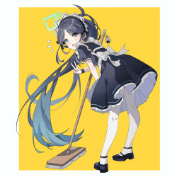 Rule 34 | 1girl, :d, aris (blue archive), aris (maid) (blue archive), black footwear, black hair, blue archive, blue eyes, blue hair, broom, commentary, full body, gradient hair, halo, highres, holding, holding broom, hoshiko (419401x), long hair, looking at viewer, maid, maid headdress, multicolored hair, official alternate costume, open mouth, pantyhose, ponytail, puffy short sleeves, puffy sleeves, shoes, short sleeves, smile, solo, standing, two-tone background, v, very long hair, white background, white pantyhose, yellow background