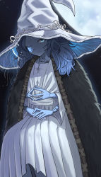 Rule 34 | 1girl, absurdres, blue eyes, blue hair, blue skin, cloak, colored skin, commentary request, cracked skin, dress, elden ring, extra arms, fur cloak, hands on lap, hat, highres, looking at viewer, moon, one eye closed, ranni the witch, sitting, smile, solo, white dress, witch hat, yuritopia
