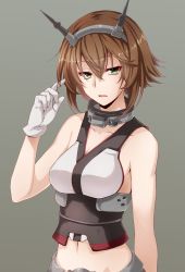 Rule 34 | 10s, 1girl, anti (untea9), brown hair, gloves, green eyes, grey background, twirling hair, headgear, highres, kantai collection, midriff, mutsu (kancolle), navel, playing with own hair, short hair, simple background, solo, white gloves