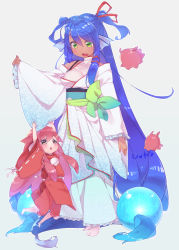 Rule 34 | 2girls, :d, absurdly long hair, arms up, artist name, blue background, blue hair, blush, breasts, brown eyes, clothes grab, creature, dark-skinned female, dark skin, eyebrows, fins, frilled sleeves, frills, full body, furisode, green eyes, hair between eyes, hair ribbon, head fins, highres, japanese clothes, kimono, long hair, looking down, medium breasts, multiple girls, obi, open mouth, original, outline, pink hair, red ribbon, ribbon, ribbon-trimmed sleeves, ribbon trim, sash, shaneru, simple background, sleeve grab, sleeves past wrists, smile, standing, two side up, very long hair, white legwear