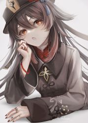 Rule 34 | 1girl, absurdres, arm support, black hat, black jacket, black nails, bracelet, brown hair, chinese clothes, commentary, eyelashes, flat chest, flower, flower-shaped pupils, flower knot, genshin impact, grey background, hair between eyes, hand on own face, hat, hat flower, highres, hu tao (genshin impact), jacket, jewelry, long hair, long sleeves, looking at viewer, lying, mihaia, multicolored hair, multiple rings, nail polish, on stomach, open mouth, porkpie hat, red eyes, red hair, red shirt, ring, shirt, simple background, solo, symbol-shaped pupils, tangzhuang, tassel, twitter username, two-tone hair, upper body