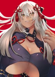 Rule 34 | 1girl, absurdres, ahoge, bow, breasts, cleavage, cleavage cutout, clothing cutout, collarbone, commentary request, dark-skinned female, dark skin, fate/grand order, fate (series), from below, hair between eyes, hair bow, hair ornament, hands up, high collar, highres, hotate-chan, huge breasts, long hair, looking at viewer, majin saber, okita souji (fate), okita souji (koha-ace), okita souji alter (fate), smirk, solo, tassel, underboob, white hair, yellow eyes