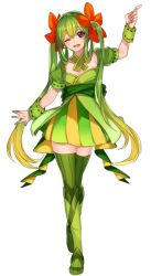 Rule 34 | 1girl, ;d, bellossom, black eyes, blonde hair, breasts, cleavage, creatures (company), dress, fingernails, flower, full body, game freak, gen 2 pokemon, green dress, green hair, green nails, green sash, green thighhighs, hair flower, hair ornament, hair rings, katagiri hachigou, long hair, lower teeth only, nail polish, nintendo, one eye closed, open mouth, personification, pokemon, puffy short sleeves, puffy sleeves, red flower, sash, short sleeves, simple background, small breasts, smile, solo, teeth, thighhighs, twintails, twitter username, two-tone dress, very long hair, white background, yellow dress, zettai ryouiki
