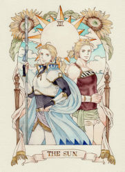 Rule 34 | 2boys, armor, blonde hair, blue eyes, breastplate, brothers, cape, closed mouth, earrings, edgar roni figaro, eye contact, final fantasy, final fantasy vi, flower, hair ribbon, highres, holding, holding polearm, holding weapon, jewelry, jime (sipopo2027), looking at another, male focus, multiple boys, muscular, pants, pauldrons, polearm, ponytail, popped collar, ribbon, sabin rene figaro, short hair, shoulder armor, siblings, spear, sunflower, tarot, tarot (medium), the sun (tarot), traditional media, twins, vambraces, weapon