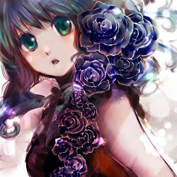 Rule 34 | 1girl, bare shoulders, black rose, breasts, flower, green eyes, green hair, gumi, matching hair/eyes, nobu yan, open mouth, purple rose, rose, solo, vocaloid