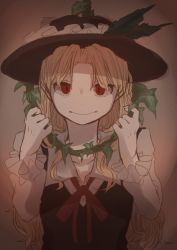 Rule 34 | 1girl, absurdres, blonde hair, breasts, brown headwear, brown vest, closed mouth, collared shirt, frilled hat, frills, hat, hat feather, highres, jacket girl (dipp), laspberry., leaf, long hair, long sleeves, looking at viewer, noose, parted bangs, red eyes, shirt, sketch, small breasts, touhou, very long hair, vest, wavy hair, white shirt
