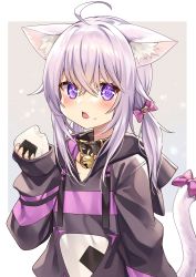 Rule 34 | 1girl, aged down, ahoge, alternate hair length, alternate hairstyle, animal ear fluff, animal ears, blush, bow, cat ears, cat girl, cat tail, commentary, eating, fang, food, food on face, food print, highres, holding, holding food, hololive, hood, hoodie, ks (xephyrks), long hair, long sleeves, looking at viewer, low twintails, nekomata okayu, nekomata okayu (1st costume), onigiri, open mouth, purple eyes, purple hair, red bow, rice, rice on face, solo, tail, tail bow, tail ornament, twintails, upper body, virtual youtuber