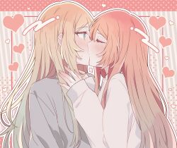 2girls blonde_hair blue_eyes blush closed_eyes commentary fuwa_aya grey_shirt heart highres kiss kousaka_0v0 long_hair long_sleeves multiple_girls onna_doushi_toka_arienai_desho_to_iiharu_onnanoko_wo_hyakunichikan_de_tetteiteki_ni_otosu_yuri_no_ohanashi orange_eyes sakakibara_marika shirt sleeves_past_wrists sweatdrop sweater upper_body white_sweater yuri