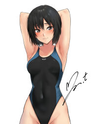 Rule 34 | 1girl, amagami, armpits, arms behind head, black eyes, black hair, black one-piece swimsuit, blue one-piece swimsuit, blush, bob cut, breasts, closed mouth, commentary request, competition swimsuit, covered navel, hair between eyes, highleg, highleg swimsuit, light smile, looking at viewer, medium breasts, nanasaki ai, one-piece swimsuit, short hair, signature, simple background, solo, sweatdrop, swimsuit, two-tone swimsuit, white background, yoo tenchi