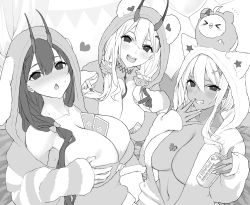 Rule 34 | &gt; &lt;, 3girls, :d, :o, alternate costume, animal hood, azur lane, bear hood, between breasts, black hair, blush, breast tattoo, breasts, breasts squeezed together, can, card, card between breasts, cat hood, cleavage, collarbone, commentary request, condom, condom wrapper, cross hair ornament, fur jacket, gloves, greyscale, grin, hair between eyes, hair ornament, hand up, highres, holding, holding can, hood, hood up, horns, indoors, jacket, kumano (azur lane), kumano (pj poker party) (azur lane), large breasts, long hair, long sleeves, looking at viewer, low twintails, manjuu (azur lane), marblehead (azur lane), monochrome, multiple girls, naked jacket, navel, nose blush, notice lines, off shoulder, official alternate costume, oni horns, open mouth, piwka, rabbit hood, ribbon between breasts, sharp teeth, short hair with long locks, sidelocks, single glove, sitting, smile, stomach, suzuya (azur lane), sweat, tattoo, teeth, twintails