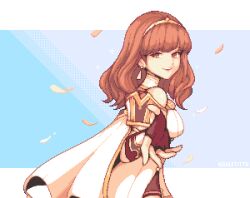 Rule 34 | 1girl, black gloves, blunt bangs, breasts, brown eyes, brown hair, cape, celica (fire emblem), dress, earrings, fingerless gloves, fire emblem, fire emblem echoes: shadows of valentia, galetitta, gloves, gold hairband, hairband, jewelry, looking at viewer, medium hair, nintendo, off shoulder, pixel art, smile, solo, white cape, white dress