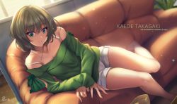 Rule 34 | 1girl, bad id, bad twitter id, blue eyes, brown hair, character name, couch, dutch angle, fukai ryosuke, green eyes, green sweater, heterochromia, idolmaster, idolmaster cinderella girls, jewelry, looking at viewer, mole, mole under eye, necklace, off shoulder, parted lips, short hair, shorts, signature, sitting, solo, sweater, takagaki kaede, white shorts