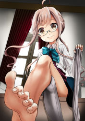 Rule 34 | 1girl, ahoge, barefoot, blue-framed eyewear, curtains, desk, feet, foot focus, jacket, kantai collection, kurona, long hair, makigumo (kancolle), on desk, pink hair, sitting, on desk, smile, soles, solo, thighhigh removed, thighhighs, toes, white thighhighs, window, yellow eyes