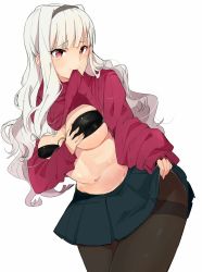Rule 34 | 1girl, black pantyhose, blush, breasts, clothes lift, hairband, highres, idolmaster, idolmaster (classic), large breasts, lifted by self, long hair, mouth hold, navel, o-ring, o-ring top, pantyhose, red eyes, shijou takane, silver hair, skirt, skirt lift, solo, sweater, sweater lift, thighband pantyhose, tuxedo de cat