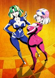 Rule 34 | 2girls, akiranime, ass, bodysuit, boiboi, boots, bosubosu, breasts, cleavage, contrapposto, crossed arms, earrings, eyewear on head, gloves, green hair, hand on own hip, heart, high heel boots, high heels, highres, jewelry, knee boots, large breasts, lips, lipstick, looking back, makeup, multicolored hair, multiple girls, narrow waist, open mouth, pink eyes, pink hair, purple eyes, redline, self-upload, short hair, skin tight, smile, standing, sunglasses