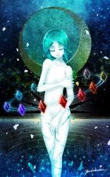 Rule 34 | 1other, androgynous, closed eyes, colored eyelashes, covering crotch, covering privates, crack, crystal, gem, green hair, highres, houseki no kuni, nude, phosphophyllite, short hair, signature, smile, solo, water