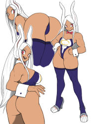 Rule 34 | 1girl, absurdres, adapted costume, animal ears, ass, bent over, blue thighhighs, boku no hero academia, boots, bow, bowtie, breasts, cleavage, dark-skinned female, dark skin, detached collar, female focus, full body, high heel boots, high heels, highleg, highleg leotard, highres, large breasts, leotard, looking at viewer, mirko, multiple views, muscular, muscular female, open mouth, playboy bunny, rabbit ears, rabbit girl, red bow, red bowtie, red eyes, smile, solo, standing, strapless, strapless leotard, thick thighs, thigh boots, thighhighs, thighs, thong, thong leotard, toshinoshin, white hair, wrist cuffs