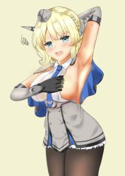 Rule 34 | 1girl, armpit peek, armpits, beige background, black gloves, black pantyhose, blonde hair, blue eyes, blue necktie, braid, breasts, capelet, colorado (kancolle), commentary request, dress, elbow gloves, garrison cap, gloves, grey dress, grey hat, hat, headgear, highres, kantai collection, large breasts, leaning forward, looking at viewer, necktie, pantyhose, pleated dress, shirt, short hair, side braids, sideboob, simple background, sleeveless, solo, squiggle, tomohiro (duo), white shirt