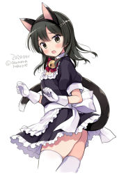 Rule 34 | 1girl, animal ears, bell, black hair, blush, cat ears, cat tail, cropped legs, dated, fake animal ears, gloves, hair between eyes, hair ornament, jingle bell, kantai collection, long hair, odawara hakone, one-hour drawing challenge, open mouth, oyashio (kancolle), puffy short sleeves, puffy sleeves, short sleeves, simple background, solo, tail, thighhighs, twitter username, white background, white gloves, white thighhighs, yellow eyes