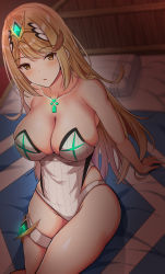 Rule 34 | 1girl, :o, arm support, bare arms, bare shoulders, blanket, blonde hair, blush, breasts, brown eyes, casual one-piece swimsuit, chest jewel, cleavage, collarbone, gem, glowing, highres, indoors, large breasts, leaning back, long hair, looking at viewer, mythra (radiant beach) (xenoblade), mythra (xenoblade), noeomi, on bed, one-piece swimsuit, open mouth, pillow, sitting, solo, strapless, strapless one-piece swimsuit, swimsuit, thigh strap, tiara, very long hair, white one-piece swimsuit, xenoblade chronicles (series), xenoblade chronicles 2