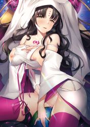 Rule 34 | 1girl, absurdres, black hair, breasts, center opening, demon pillar (fate), detached sleeves, facial mark, fate/grand order, fate (series), forehead mark, globe, highres, horns, huge filesize, iiiroha, large breasts, light smile, lips, long hair, long sleeves, nipples, no bra, no panties, open mouth, purple thighhighs, saliva, sessyoin kiara, skindentation, solo, sparkle, sweat, tattoo, thighhighs, torn clothes, uncensored, veil, wavy hair