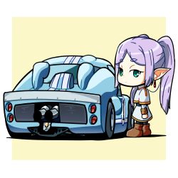 Rule 34 | 1girl, absurdres, black pantyhose, boots, border, brown footwear, car, chibi, duz, earrings, expressionless, ford, ford gt40, frieren, green eyes, hair behind ear, highres, jacket, jewelry, looking at viewer, motor vehicle, outside border, pantyhose, parted bangs, pointy ears, purple hair, race vehicle, racecar, shadow, skirt, solo, sousou no frieren, twintails, vehicle focus, white border, white jacket, white skirt, world sportscar championship, yellow background