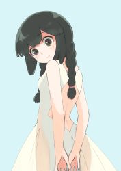 Rule 34 | 1girl, alternate costume, arms behind back, black eyes, black hair, blue background, braid, cowboy shot, dress, from behind, hair between eyes, highres, isonami (kancolle), kantai collection, see-through silhouette, sidelocks, simple background, solo, sundress, toplow, twin braids, white dress