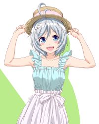 Rule 34 | .live, 1girl, :d, absurdres, alternate costume, antenna hair, armpits, arms up, bare arms, bare shoulders, blue eyes, blush, casual, collarbone, commentary request, fedora, fuusuke (fusuke208), hands on headwear, hat, high-waist skirt, highres, looking at viewer, open mouth, ribbon, short hair, dennou shoujo siro, skirt, sleeveless, smile, solo, teeth, two-tone background, upper body, upper teeth only, virtual youtuber, white hair, white ribbon, white skirt