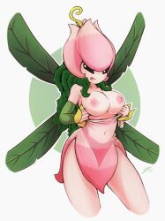 Rule 34 | 1girl, :p, breasts, breasts out, digimon, digimon (creature), dress, fairy wings, flower, flower on head, humanization, large breasts, lilimon, nipples, pink dress, solo, thorn hair, tongue, tongue out, top pull, wings