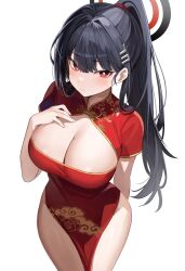 Rule 34 | 1girl, absurdres, alternate costume, alternate hairstyle, black hair, blue archive, blush, breasts, china dress, chinese clothes, cleavage cutout, clothing cutout, cloud print, commentary, dress, halo, hand on own chest, highres, large breasts, looking at viewer, nannung, pelvic curtain, red dress, red eyes, revision, rio (blue archive), short sleeves, simple background, solo, white background