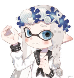 Rule 34 | 1girl, artist name, asymmetrical hair, black neckerchief, black sailor collar, blue eyes, blush, braid, closed mouth, commentary, grey hair, head wreath, highres, inkling, inkling girl, inkling player character, long hair, long sleeves, neckerchief, nintendo, plum0o0, pointy ears, sailor collar, shirt, short eyebrows, signature, simple background, smile, solo, splatoon (series), symbol-only commentary, tentacle hair, white background, white shirt