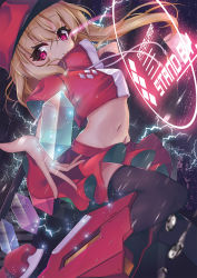 Rule 34 | 1girl, arm behind head, arm up, black thighhighs, blonde hair, blurry, blurry foreground, cabbie hat, closed mouth, contemporary, cropped shirt, crystal, depth of field, drawstring, electricity, english text, flandre scarlet, floating, german commentary, hat, highres, holographic interface, long hair, looking at viewer, mechanical boots, miniskirt, navel, red eyes, red hat, red skirt, short sleeves, skirt, skirt set, smile, solo, tendou kaoru, thighhighs, touhou, water drop