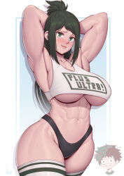 Rule 34 | 1boy, 1girl, abs, absurdres, alternate muscle size, armpits, arms behind head, biceps, black panties, blush, boku no hero academia, breasts, chibi, chibi inset, closed mouth, clothes writing, crop top, green eyes, green hair, highres, large breasts, latin text, long hair, looking at viewer, mature female, midoriya inko, midoriya izuku, mother and son, muscular, muscular female, navel, paid reward available, panties, sidelocks, smile, speedl00ver, stomach, striped clothes, striped thighhighs, sweatdrop, thick thighs, thighhighs, thighs, underboob, underwear