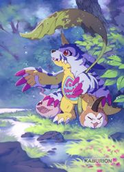 Rule 34 | artist name, commentary, digimon, digimon (creature), english commentary, fangs, forest, gabumon, grass, holding, horns, improvised umbrella, kaburion, koromon, leaf, nature, one eye closed, open mouth, outdoors, red eyes, single horn, standing, teeth, tunomon, water drop