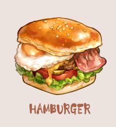 Rule 34 | bacon, burger, cheese, cube, egg (food), english text, food, food focus, fried egg, grey background, no humans, original, saino misaki, salad, simple background, tomato