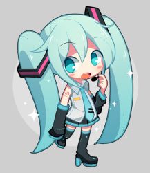 Rule 34 | 1girl, aqua eyes, aqua hair, asp@juken, bad id, bad twitter id, chibi, grey background, hatsune miku, headset, long hair, looking at viewer, necktie, open mouth, smile, solo, sparkle, twintails, vocaloid