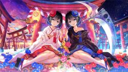 2girls benghuai_xueyuan black_hair black_kimono blue_eyes blue_flower blue_hair cloud dual_persona flower hair_flower hair_ornament highres holding holding_scythe honkai_(series) japanese_clothes kimono lantern multicolored_hair multiple_girls multiple_torii night no_socks official_art paper_lantern parted_lips pink_flower red_flower rope sandals scythe seele_vollerei shimenawa sitting sky star_(sky) starry_sky sunset tassel tattoo third-party_source torii two-tone_hair white_kimono yellow_flower