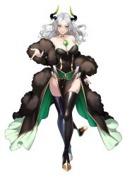 Rule 34 | 1girl, black footwear, black nails, boots, collarbone, detached sleeves, dress, floating hair, gold choker, green eyes, grey hair, head tilt, highres, horns, indie virtual youtuber, liza von garfanzeel xvi, long hair, looking at viewer, mole, mole under mouth, nail polish, natsuko (bluecandy), parted bangs, parted lips, pointing, skindentation, sleeves past wrists, smile, solo, strapless, strapless dress, thigh boots, third eye on chest, virtual youtuber