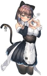 Rule 34 | 1girl, absurdres, animal ears, animal print, apron, black dress, black pantyhose, black sleeves, blush, braid, breasts, cat ears, cat print, cat tail, cleavage, closed mouth, commentary request, corset, cropped legs, detached sleeves, dress, fake animal ears, hands up, heart, heart hands, highres, large breasts, long sleeves, maid, medium hair, original, pantyhose, ranf, ribbon, shiny clothes, simple background, solo, spoken heart, sweatdrop, tail, underbust, waist apron, wavy mouth, white apron, white background, wrist cuffs