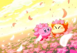Rule 34 | ^ ^, arms up, aruco co, blue eyes, blurry, blurry foreground, blush, blush stickers, closed eyes, closed mouth, cloud, cloudy sky, commentary, falling petals, field, flower, flower field, flower wreath, glowing, glowing petals, head wreath, kirby, kirby (series), looking at another, nintendo, no humans, outdoors, petals, pink flower, sky, smile, symbol-only commentary, waddle dee, yellow sky