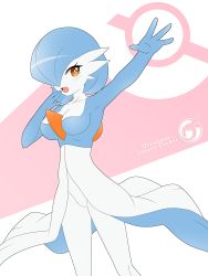 Rule 34 | 1girl, alternate color, arm up, armpits, artist name, blue hair, blush, breasts, collarbone, creatures (company), female focus, game freak, gardevoir, gen 3 pokemon, hair over one eye, hand up, highres, looking to the side, medium breasts, nintendo, no pussy, open mouth, orange eyes, orcaleon, outstretched arm, pink background, poke ball symbol, pokemon, pokemon (creature), shiny pokemon, short hair, simple background, smile, solo, standing, two-tone background, watermark