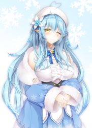 Rule 34 | 1girl, ahoge, bare shoulders, beret, blouse, blue hair, blue jacket, blue nails, blue neckwear, blush, breasts, cleavage, cleavage cutout, clothing cutout, corset, dress, elf, flower, fur-trimmed jacket, fur trim, hair between eyes, hair flower, hair ornament, half updo, hat, heart, heart ahoge, highres, hololive, jacket, large breasts, long hair, looking at viewer, momijizuki luna, nail polish, one eye closed, own hands together, pointy ears, shirt, sleeveless, sleeveless shirt, smile, snowflake print, solo, virtual youtuber, yellow eyes, yukihana lamy