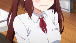 Rule 34 | 10s, 1boy, 1girl, animated, animated gif, black hair, blush, bouncing breasts, breasts, brown eyes, brown hair, doma taihei, ebina nana, glasses, himouto! umaru-chan, school uniform, twintails, wavy mouth