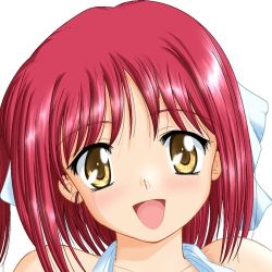 Rule 34 | 00s, 1girl, :d, bare shoulders, blush, bow, collarbone, eyebrows, hair bow, halterneck, head tilt, kohaku (tsukihime), looking at viewer, lowres, open mouth, poorly drawn, red hair, simple background, sleeveless, smile, solo, tsukihime, white background, white bow, yellow eyes