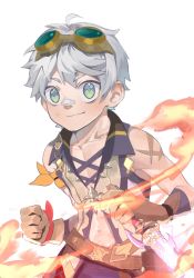 Rule 34 | 1boy, ahoge, armband, armor, bare shoulders, bennett (genshin impact), blue eyes, blush, brown gloves, clenched hand, closed mouth, collarbone, diamond-shaped pupils, diamond (shape), fire, flaming sword, flaming weapon, genshin impact, gloves, goggles, goggles on head, green-tinted eyewear, green eyes, grey background, grey hair, highres, holding, holding sword, holding weapon, male focus, multicolored eyes, navel, orange armor, reverse grip, scar, scar on arm, simple background, smile, solo, sword, symbol-shaped pupils, tinted eyewear, weapon, yuki4912