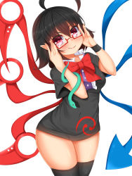 Rule 34 | &gt;:), 1girl, adjusting eyewear, ahoge, asymmetrical wings, bespectacled, black hair, black thighhighs, blush, bow, bowtie, breasts, covered navel, daichi (tokoya), dress, fingernails, glasses, head tilt, highres, houjuu nue, huge ahoge, lips, lipstick, looking at viewer, makeup, medium breasts, microdress, pointy ears, red eyes, short dress, short hair, snake, solo, thighhighs, thighs, touhou, v-shaped eyebrows, wide hips, wings, wristband