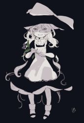 Rule 34 | 1girl, abukawa honpo, apron, black dress, black footwear, bow, braid, buttons, dress, flower, frilled dress, frills, hat, hat bow, highres, juliet sleeves, kirisame marisa, limited palette, long hair, long sleeves, mary janes, monochrome, muted color, pale color, puffy sleeves, shoes, simple background, smile, socks, solo, spot color, touhou, tulip, waist apron, white bow, white socks, witch hat